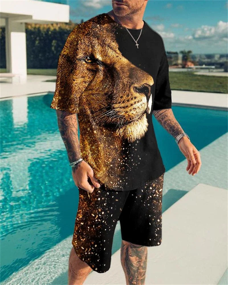 

2022 Summer Men's Handsome Lion King Sportswear T-shirt Suit Men Women Casual Two-piece 3D Digital Printing Tracksuit Men Sets
