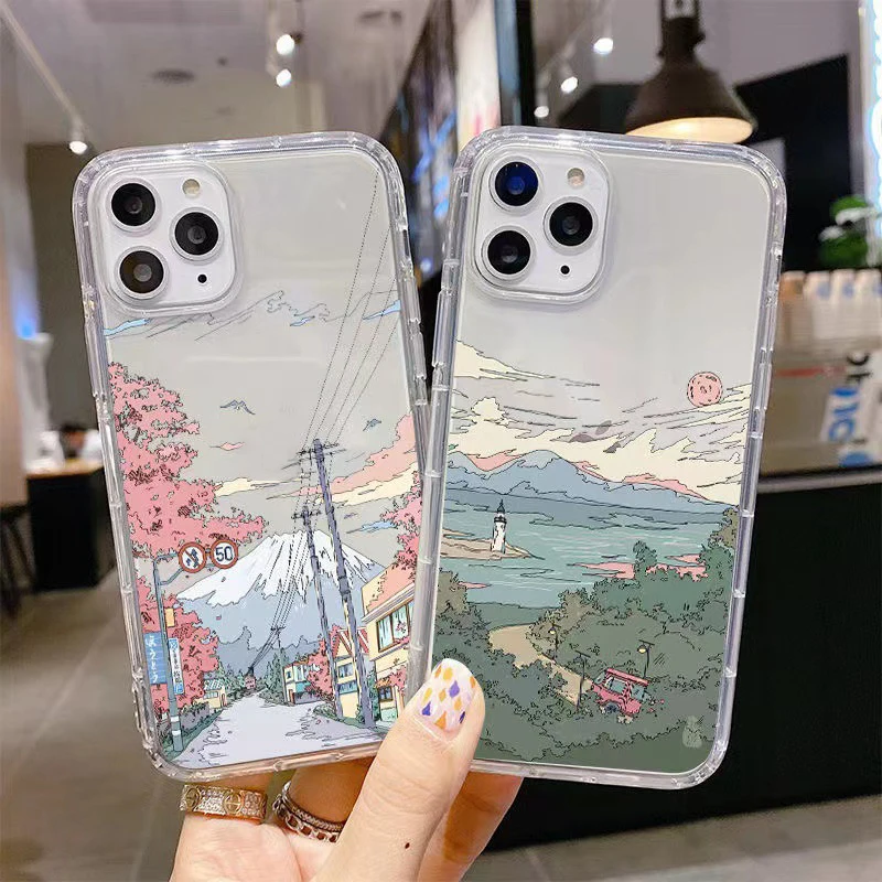 

Sunset Scenery Illustration Phone Case For IPhone 11 13 12 Pro Max 12 13 Mini X XR XS MAX SE 2020 7 8 6s Plus Shockproof Celular