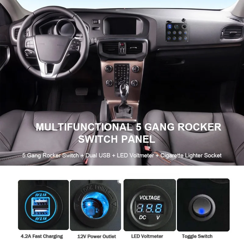 Waterproof DC 12V 24V Panel 8 gang Led Rocker Switch 4.2A USB Charger Rocker Switch Control Panel for Marine Car Boat