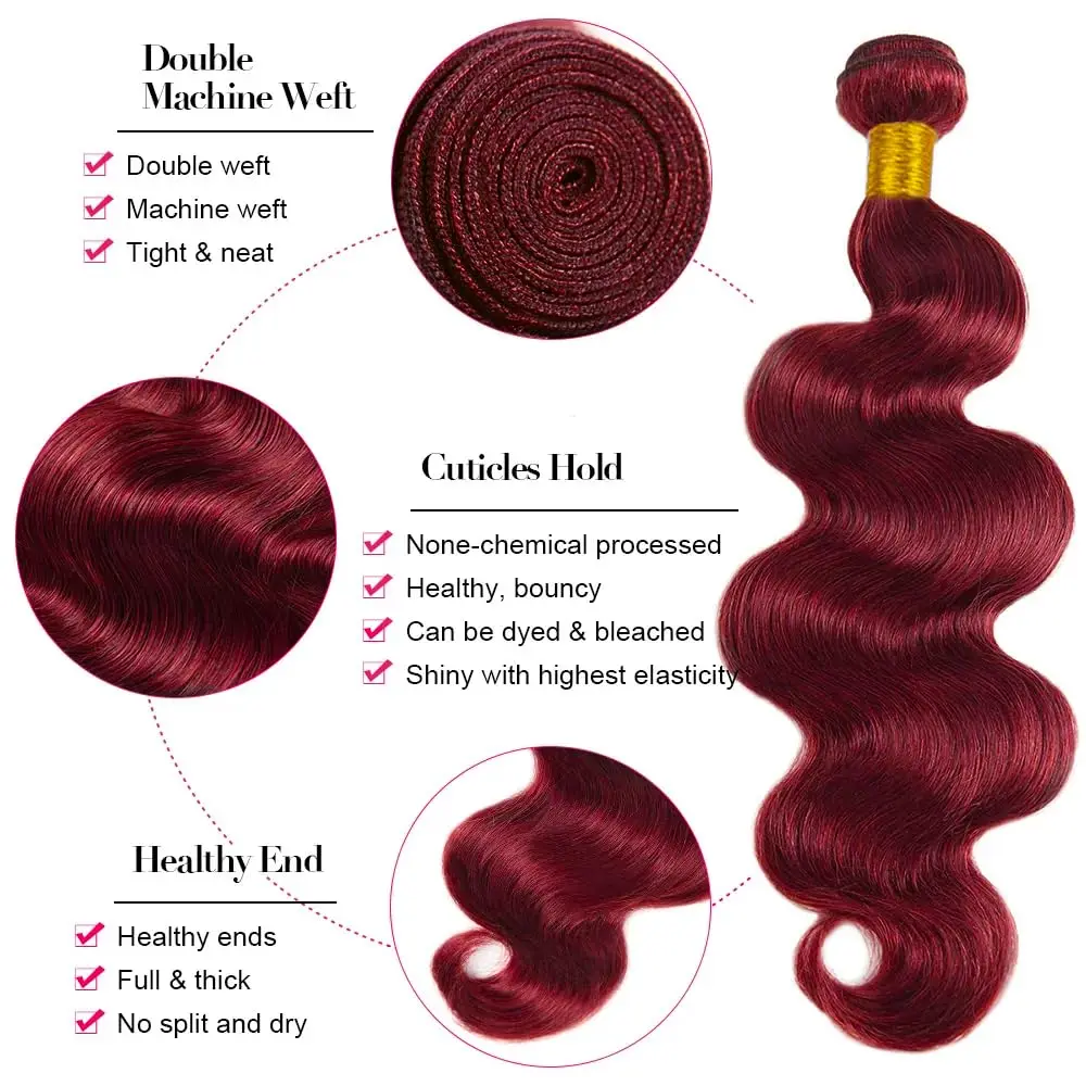 99j Burgundy Body Wave Bundles 100% Human Hair Colored Wine Red 3 4 Bundles Unprocessed Raw Real Human Hair Extensions Bundles 3