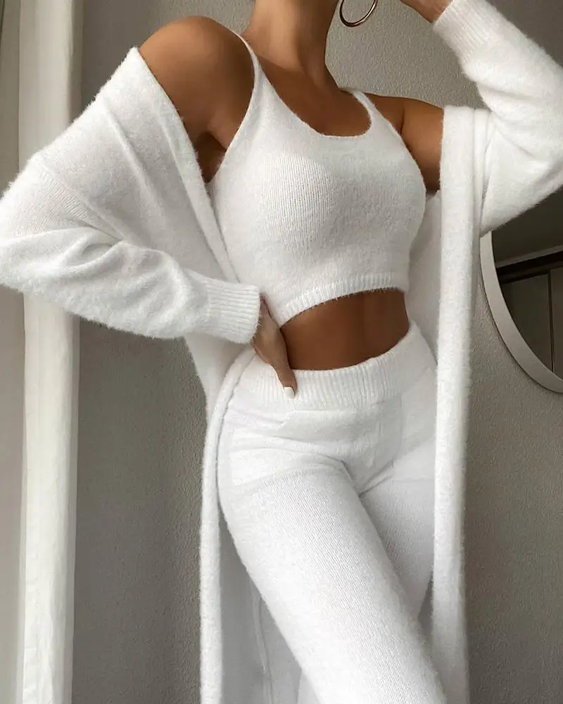 Sexy Woman Pajama Set Autumn Long-Sleeved Three-Piece Long Coat + Halter Vest + Slim Trousers Lady Home Pajamas Three-Piece Set