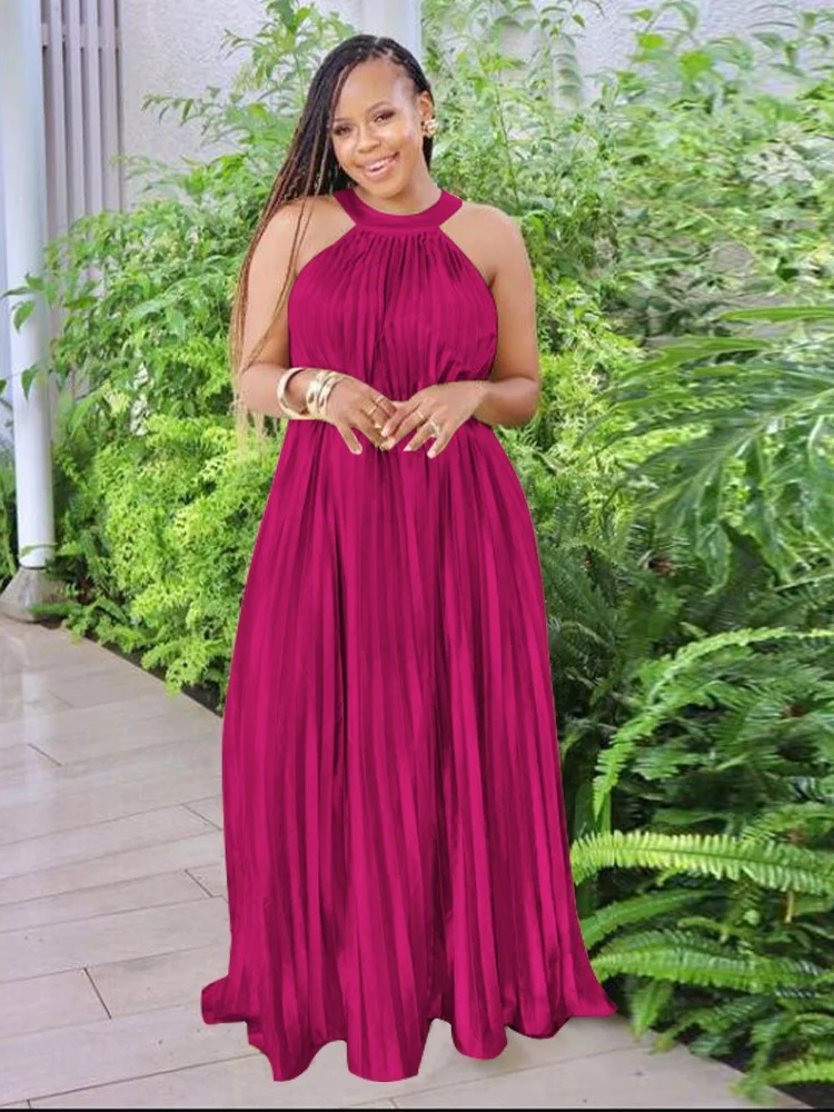 Wmstar Dress Women Wholesale Loose Sleeveless Off Shoulder Silk Pleated Elegant Big Swing Long Dress Women Clothing New Summer