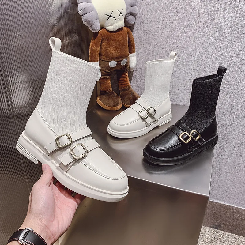 

Retro Belt Buckle Booties Knit Slim Women's Boots British Style Flat Short Sock Boots Women's Short Boots Casual Sneakers
