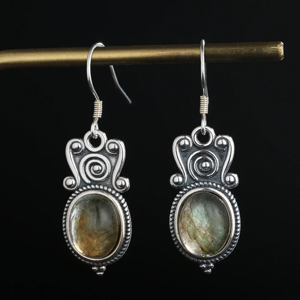 

925 Sterling Silver Natural Labradorite Drop Earrings for Women Vintage 8x10MM Oval Stone Earring Party Gift Ear Jewelry