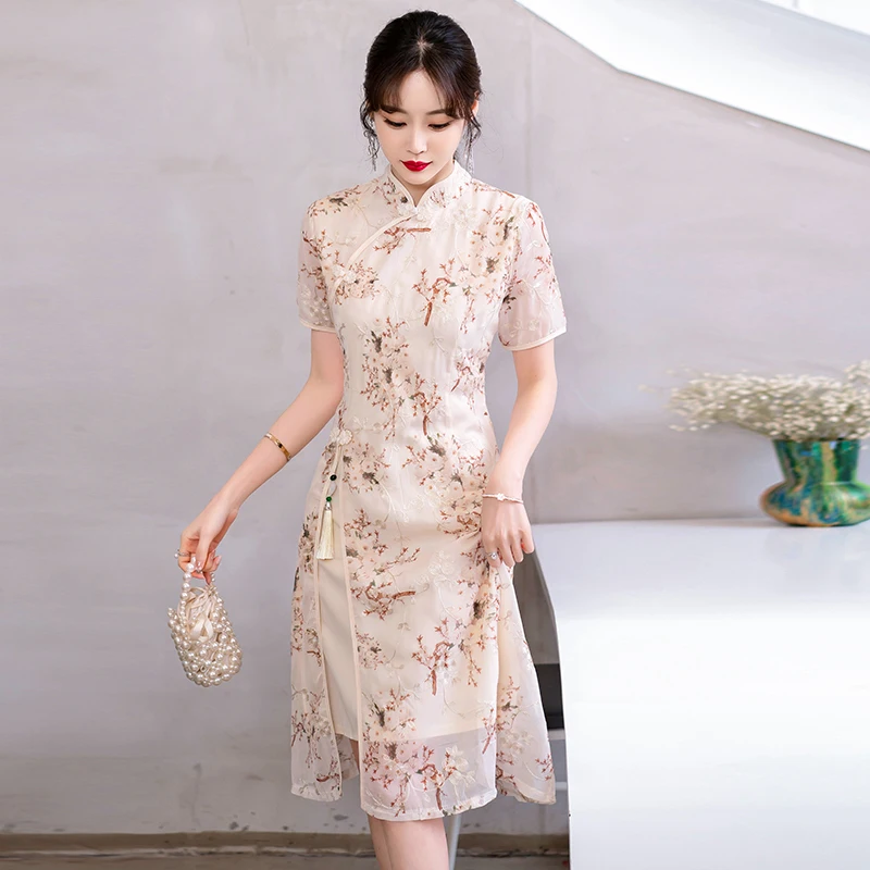 New cheongsam dress summer day-old fashioned style surrounded the code  Ethnic Wind female improved cheongsam dress THM XXL 0053