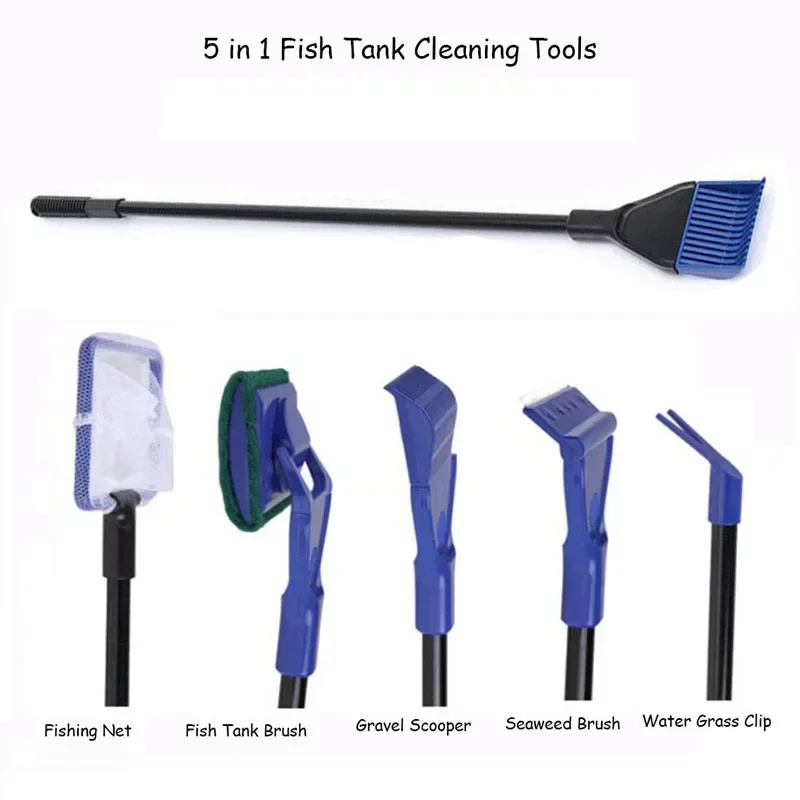 Aquarium Fish Tank Cleaning Sponge Brush Pet 5 in 1 Aquarium Tools for Cleaning Gravel Rake Algae Scraper