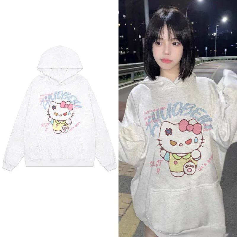 

Забавный свитер Hello Kitty из чистого хлопка с героями мультфильмов, обычный тонкий для весны или осени, флисовый для зимы, Женский свитшот с капюшоном