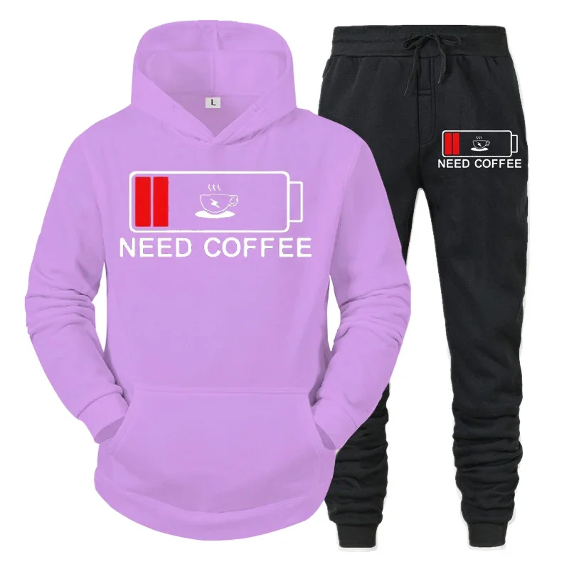 thumbnail image 1 of Conjunto de 2 piezas de sudadera y pantalón divertidos para hombre con estampado "Need Coffee" de manga larga con capucha y patrón de batería baja, ropa deportiva, 1 of 5