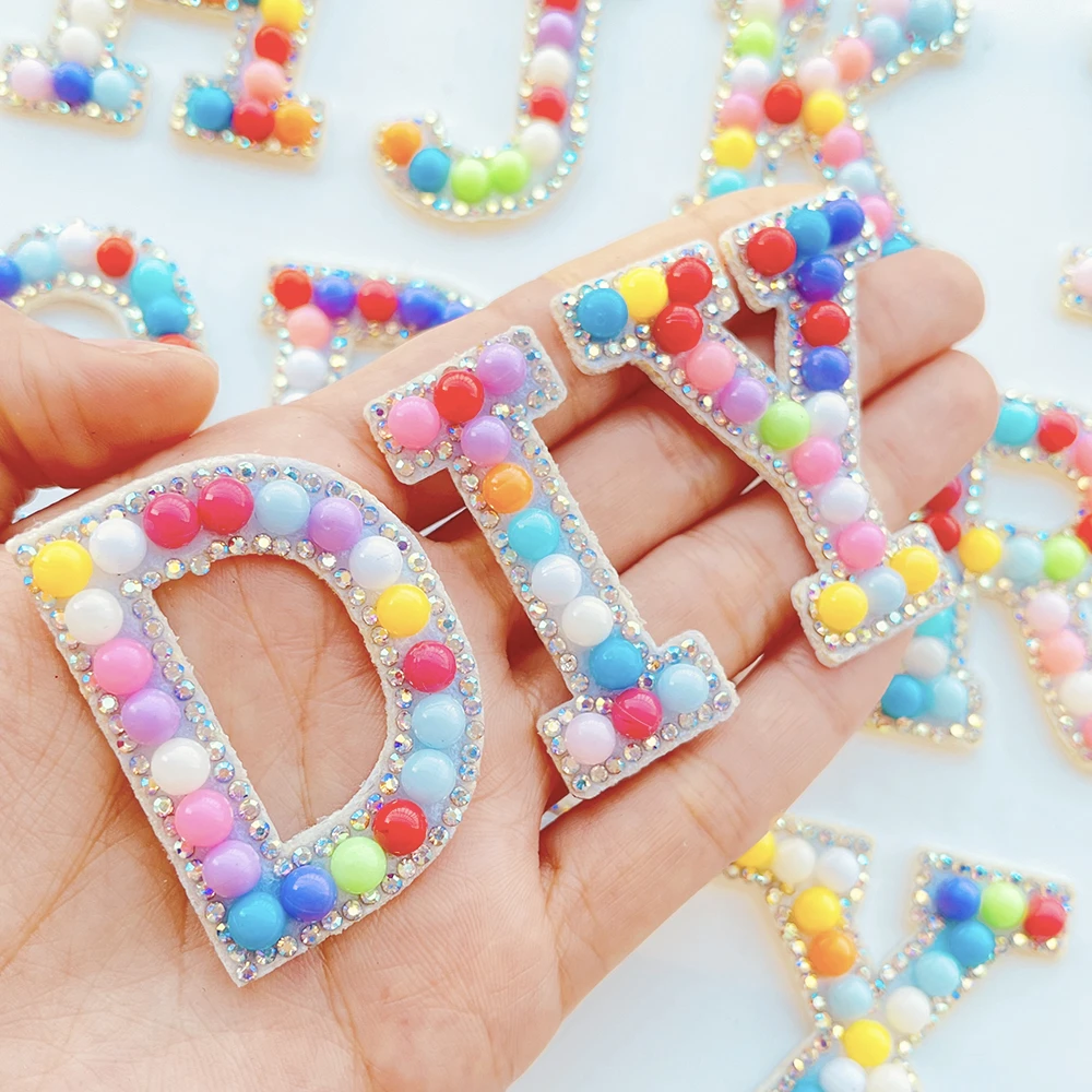 Garment Hooks 3D Mixed Color Beaded A-Z Pearl Rhinestone English Letter Patches Pearls Rhinestone Iron On DIY Name Glitter Pearl  Alphabet Garment Tags