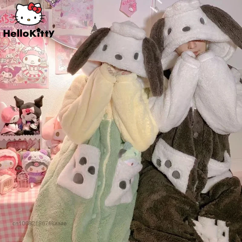 

Sanrio Pochacco New Home Clothes Women Men Plush Pajamas Robe Cartoon Cute Long Nightgown Hooded Y2k Female Soft Fuzzy Bathrobe