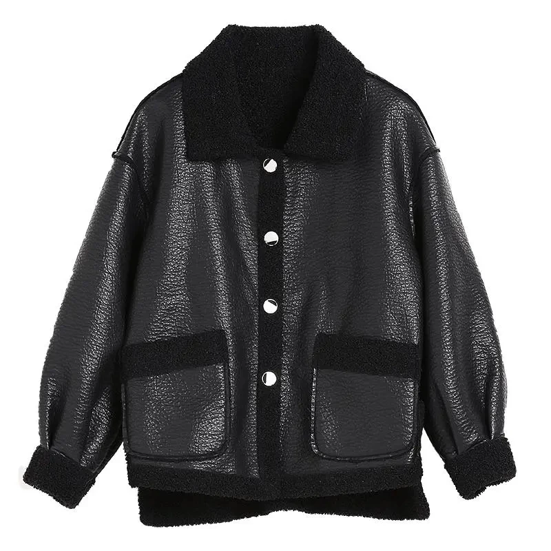 Female Leather Coat Fashion 2023 Korean Autumn And Winter New Lmitation Fur Jacket Two-Sided Wear Lamb Wool Jackes Short Loose