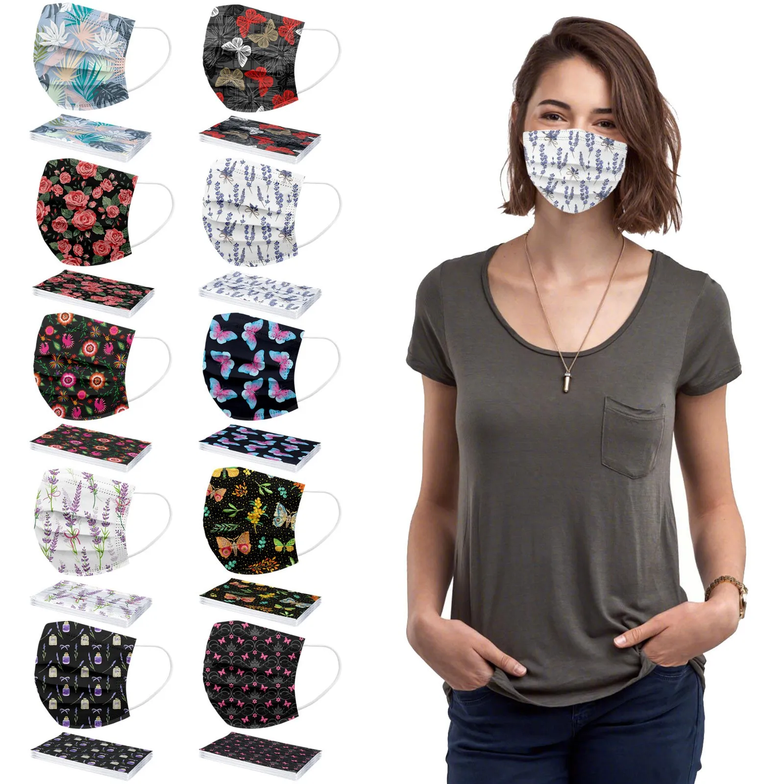Masquerade Mask Full Face Mask Half Face Mask Game Cosplay Props 10PC Floral Disposable Printed masque Breathable Non-Woven Mouth Cover For Adult mascarilla Monder Scarf Halloween Cosplay MasK