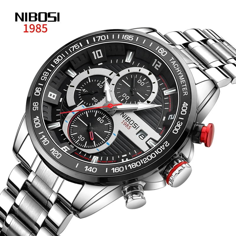 

Новые спортивные кварцевые часы NIBOSI с хронографом для мужчин, водонепроницаемые светящиеся модные мужские часы из нержавеющей стали, мужские часы