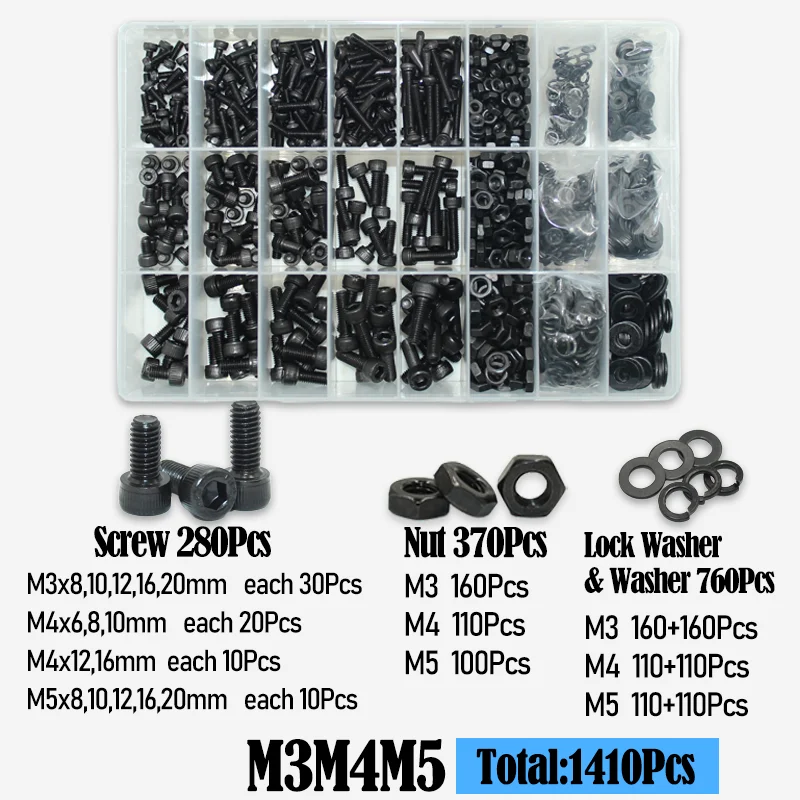 Premium Black Steel Hex Cap Screws Assortment Kit - Grade 12.9