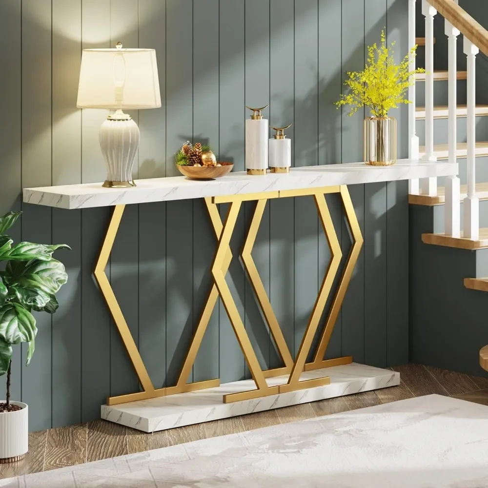 70.9 Inch Extra Long Sofa Table White and Gold Console Table with Faux Marble Tabletop,Modern Long Entryway Table Gold Frame 4