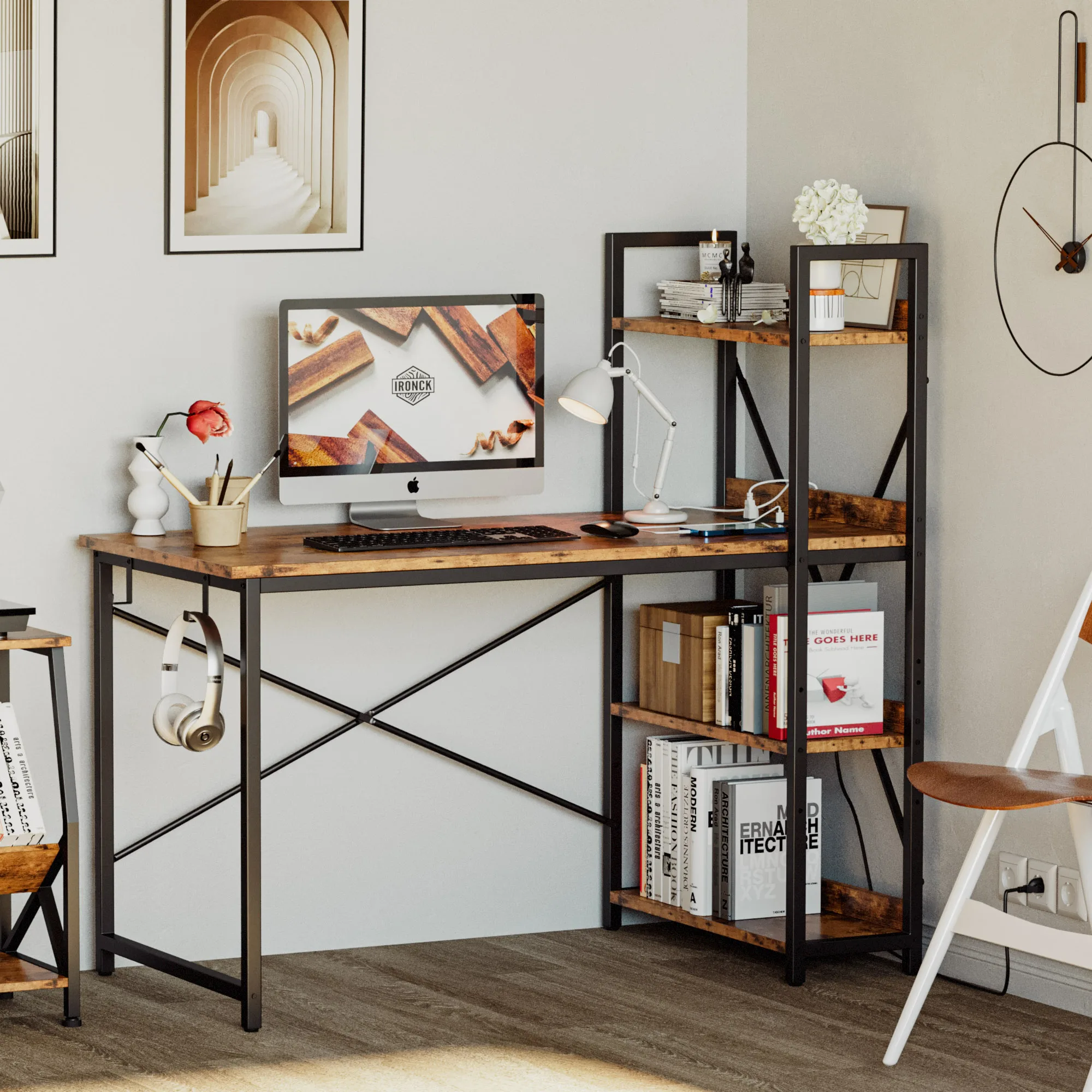 IRONCK Computer Desk 47" with Power Outlet & Storage Shelves, Study Writing Table with USB Ports Charging Station