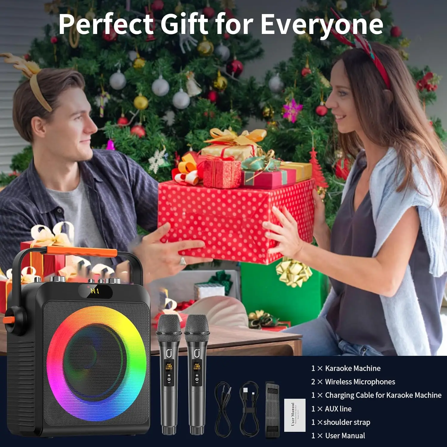 Karaoke Portatile Con 2 Microfoni – Altoparlante Bluetooth 5.0 Con Luci LED, Supporto TWS/USB/AUX/TF, Per Feste, Casa E Esterni, Nero