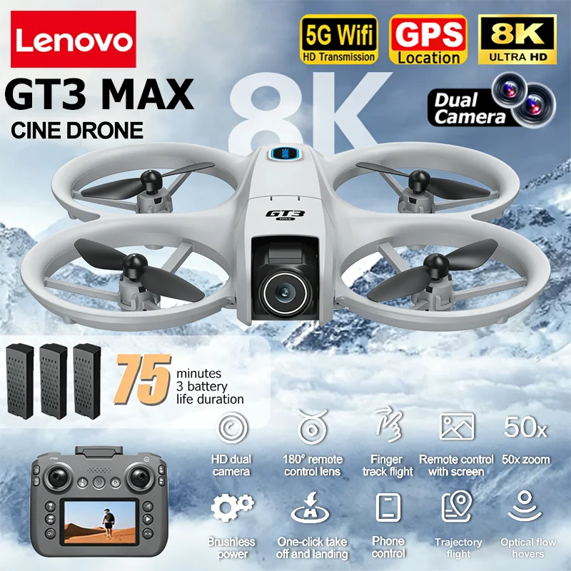 Drone GT3 Max 8K HD Screen survolant un paysage urbain, caméra de surveillance aérienne ultra haute définition en action.