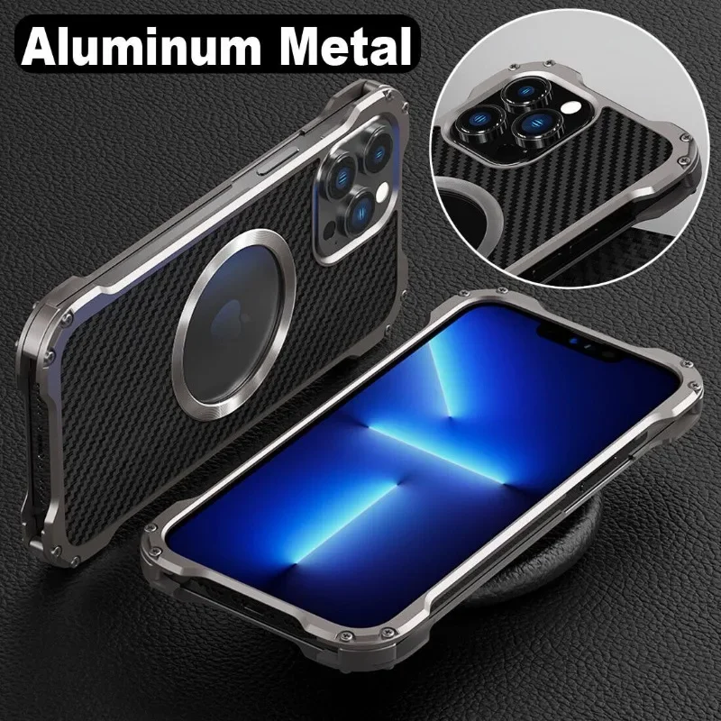 Armor Aluminum Metal Carbon Fiber Case For iPhone 15 14 Plus 13 12 Pro Max Heat Dissipation Shockproof Hard Cover Lens Protector