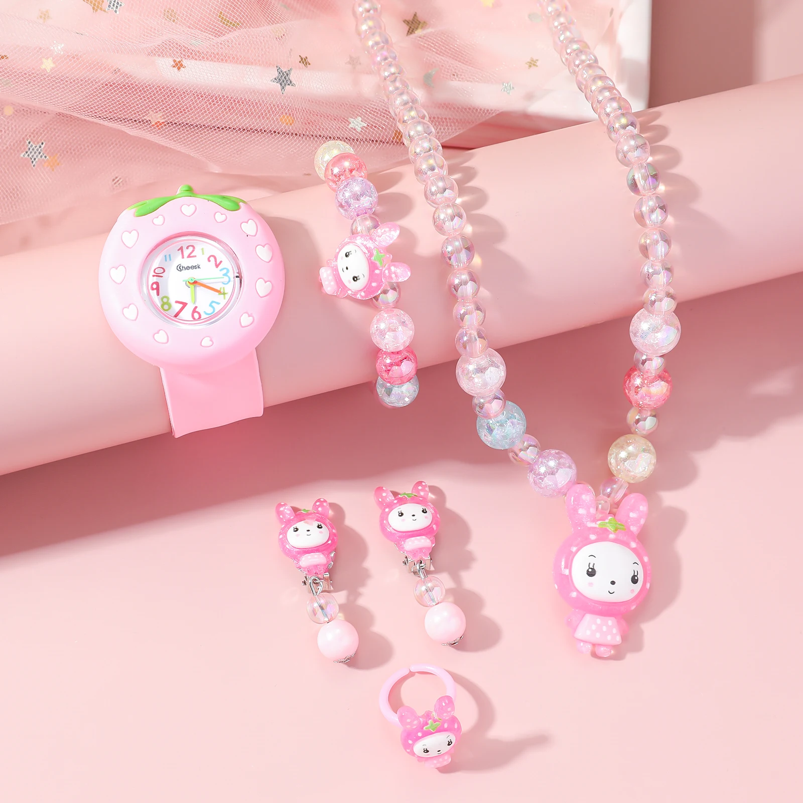 Children's New Cartoon Unicorn Snap Watch + Cute Rainbow Beaded Crown Jewelry Set 5