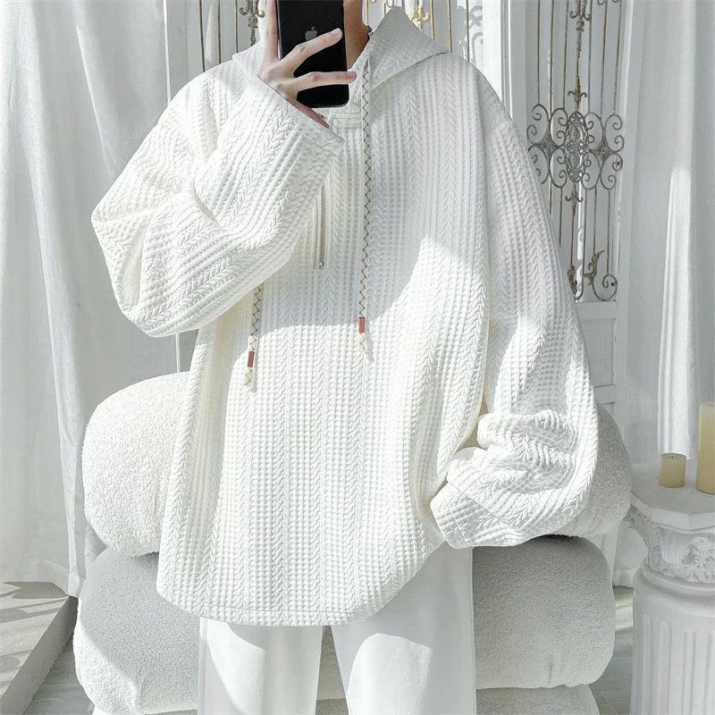 Waffle Print Long Sleeve Men Hooded Sweatshirts Half Zip Fashion Personality Hip Hop Punk 2xl Oversized Streetwear Black White