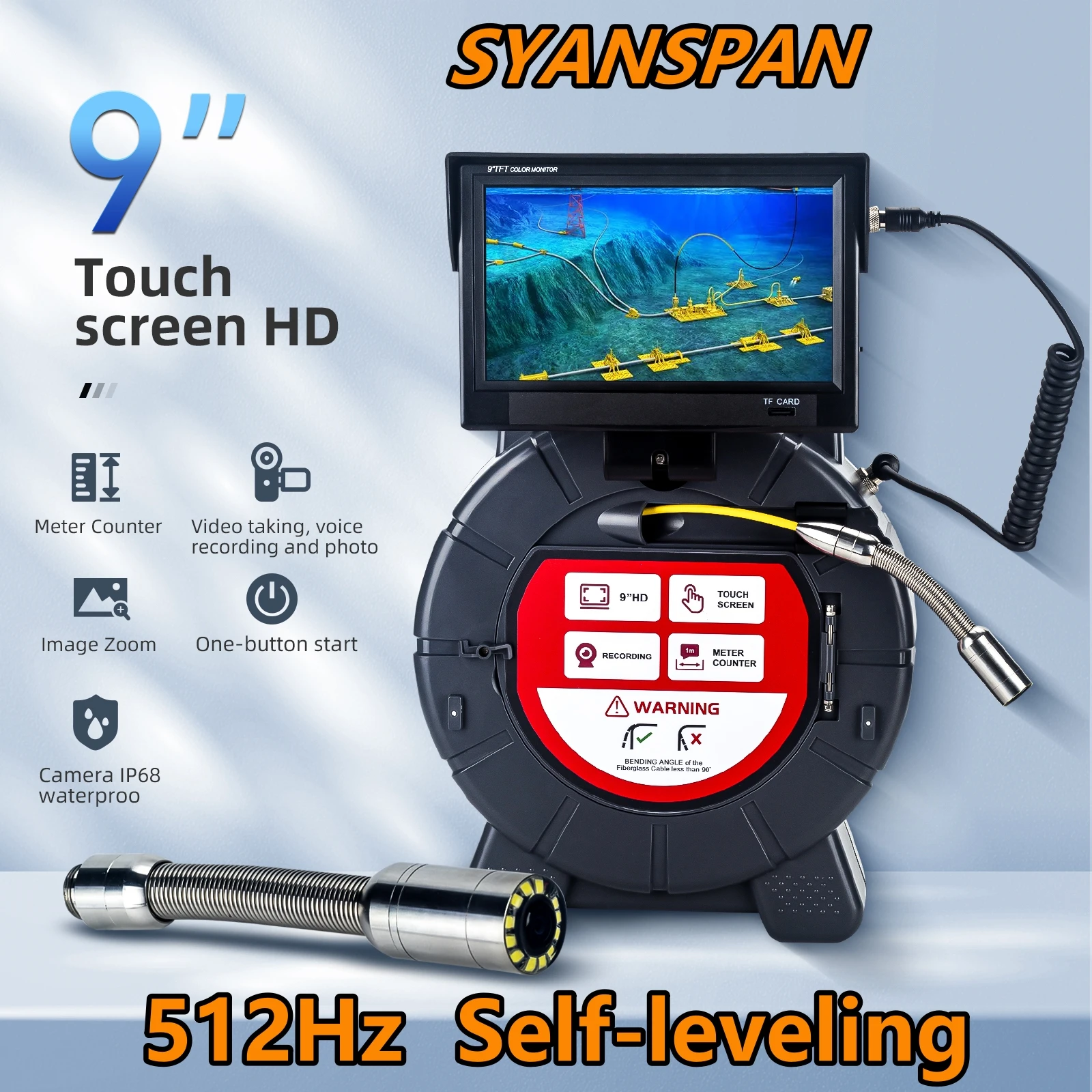 

512HZ Self-leveling Meter Counter 9" DVR SYANSPAN 23mm Pipe Inspection Camera Drain Sewer Pipeline Industrial Endoscope IP68