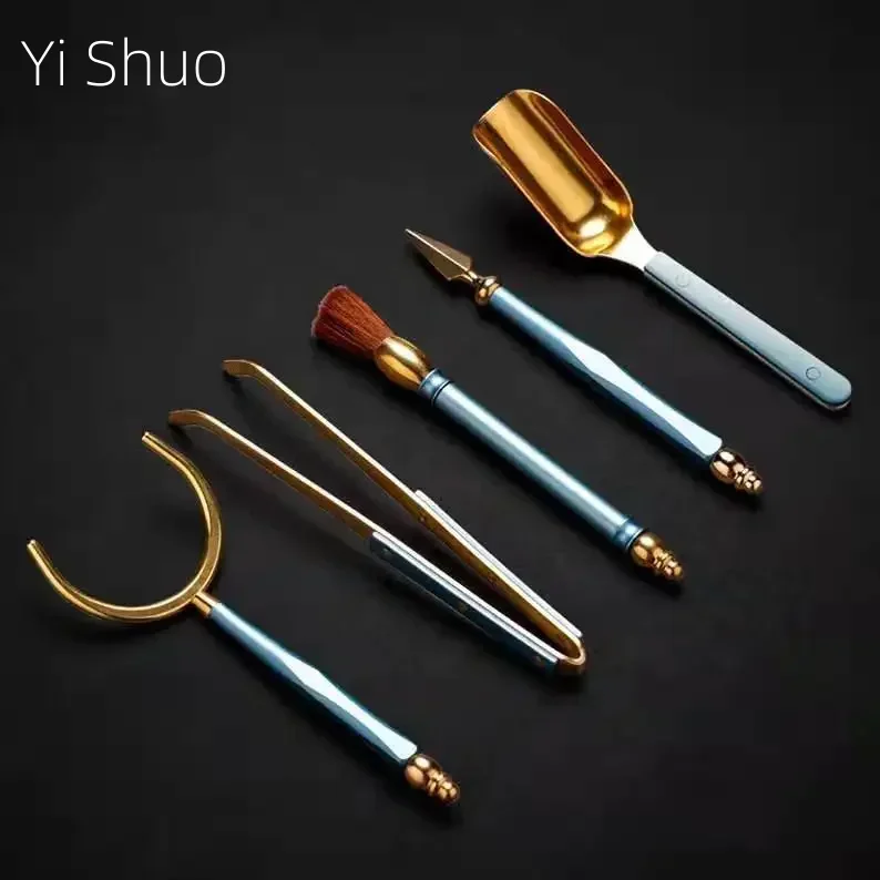 Copper and Aluminum Tea Ceremony Five-Piece Set Tea Spoon Cup Pen Clamp Set Color Aluminum