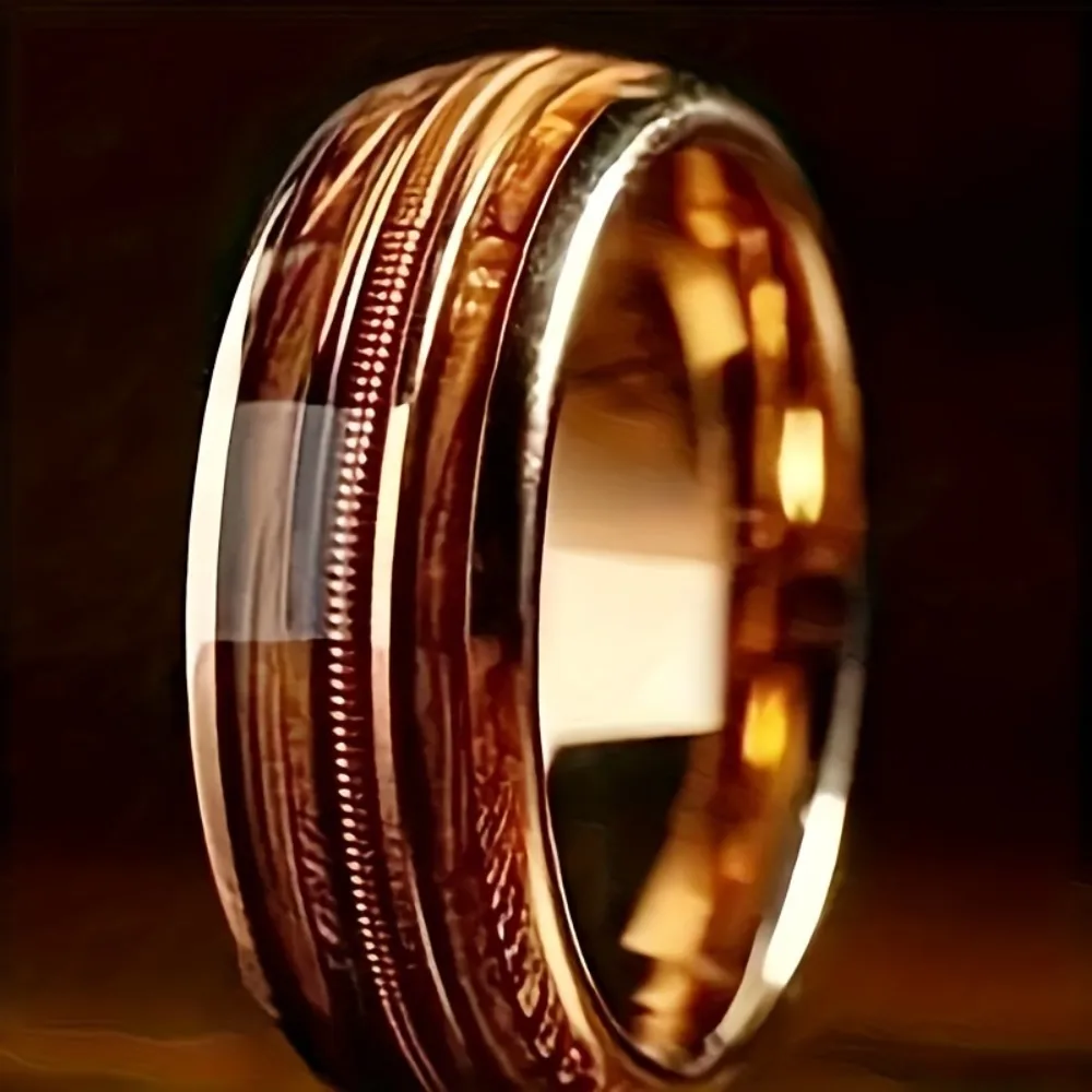 Single Piece Retro Niche 8mm Stainless Steel Smooth Inlaid Guitar Wire Barrel Wood Ring Men's And Women's Fashion Ring