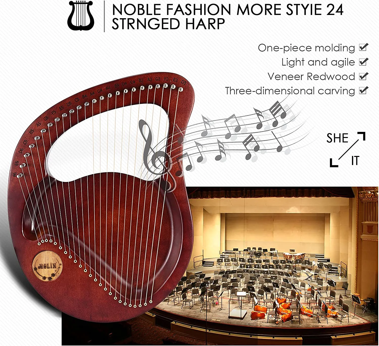Harp Musical Instrument 24 Strings Lyre Piano Lyre Harp Wooden Mahogany 21 Strings Harp Musical Beginner Instrument With Matching Gifts