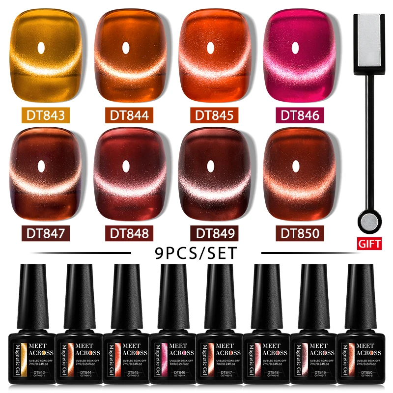 MEET ACROSS 9Pcs Auroras Cat Magnetic Gel Nail Polish Set 7ml Semi Permanent Varnish Shining Pink Blue Fairy Maget Gel Nails Kit 6