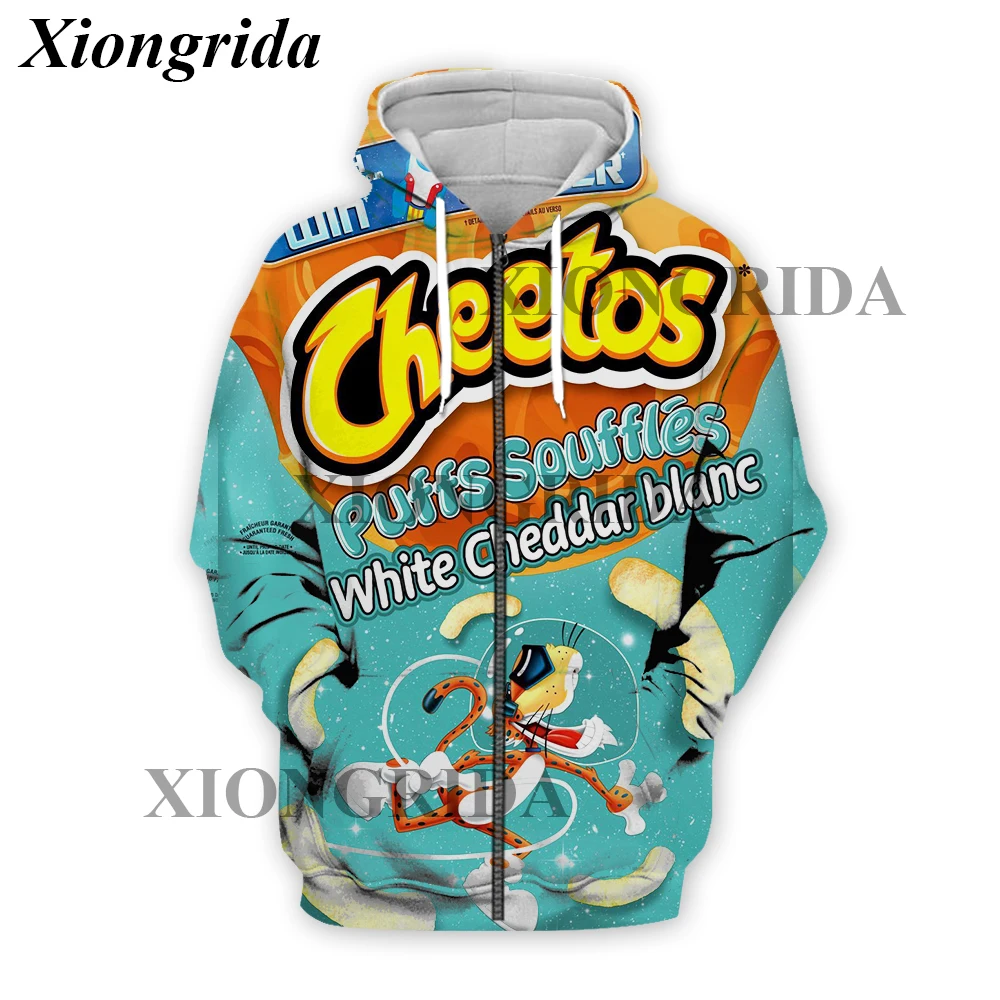 Novelty Hot Cheetos Food Puffs Zip Hoodies 3D Printed Mens Sweatshirt Harajuku All Over Print Unisex Pullover Hood Zip Top S-5XL