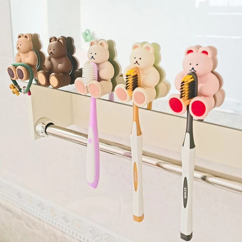 

Cute Bear Silicone Toothbrush Holder Cartoon Bear Toothbrush Holder Wall-Mounted Suction Cup Storage Hook Bathroom Accessories
