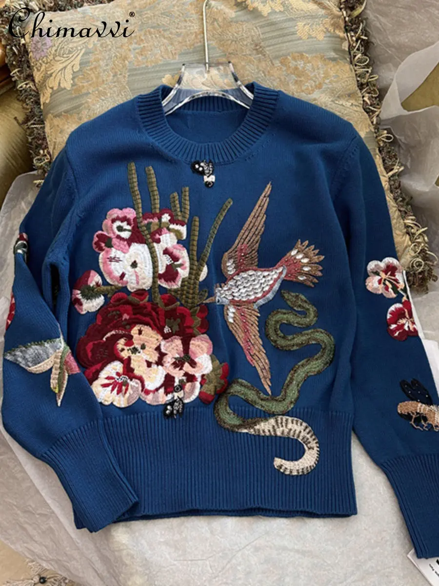 

Autumn Winter Embroidery Sweater Women's Retro Elegant Beads Rhinestones Round Neck Pullover Fashion Blue Woolen Knit Top