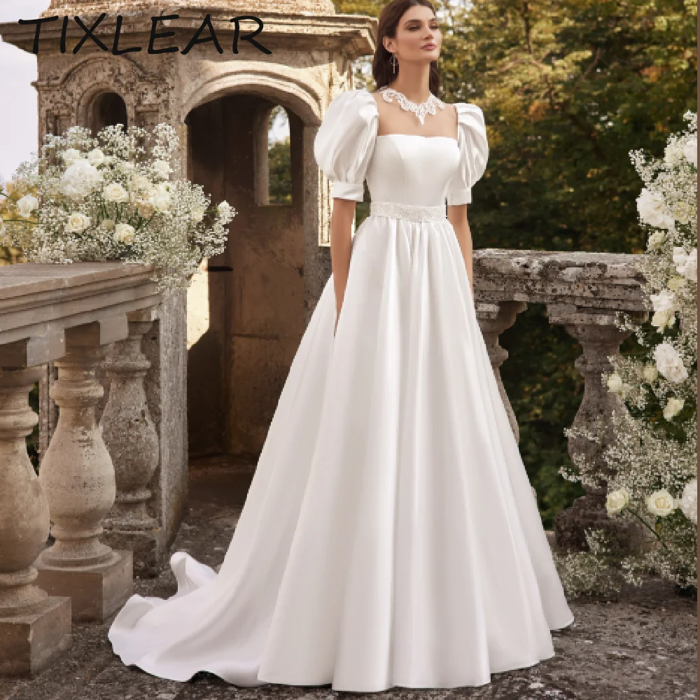 

TIXLEAR A-line Wedding Dress Stunning Puff Short Sleeves O-Neck Illusion Appliques Pocket Vestidos De Novia فستان حفلات الزفاف