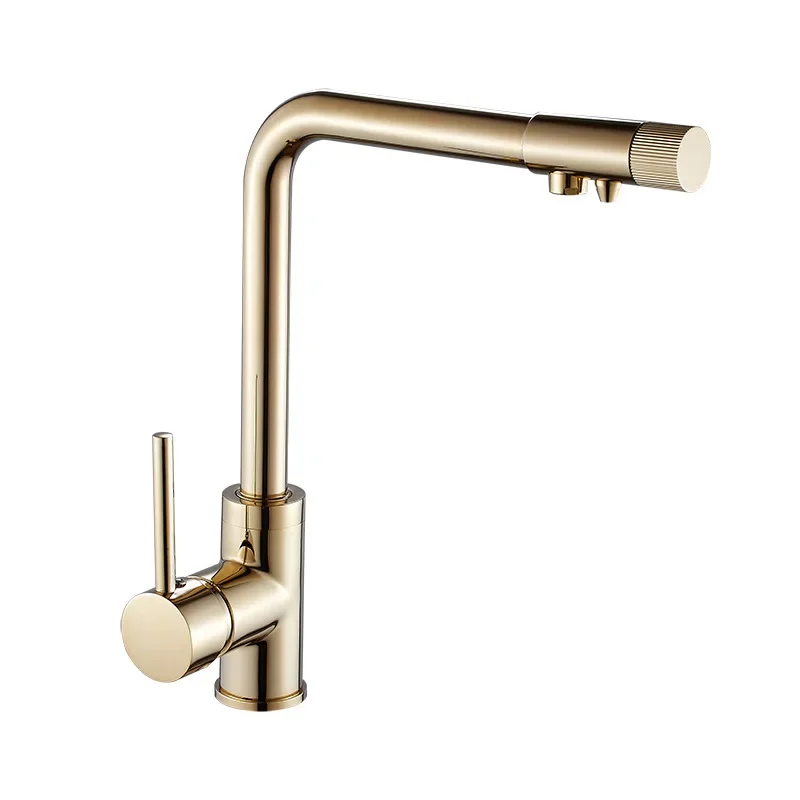 

Gold Purified Water Kitchen Faucets Crane Dual Handles Hot Cold Water Mixer Taps Pure Water Filter Deck Mounted Faucet
