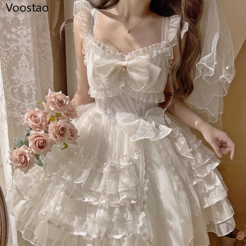 Sweet Lolita Princess Dress Vintage Victorian Women Elegant Ruffles Pearl Bow Party Tiered Dresses Girly Kawaii Wedding Vestidos lolita dress lolita suspender dress lolita cosplay costumes suspender dress lolita skirt lolita blouses