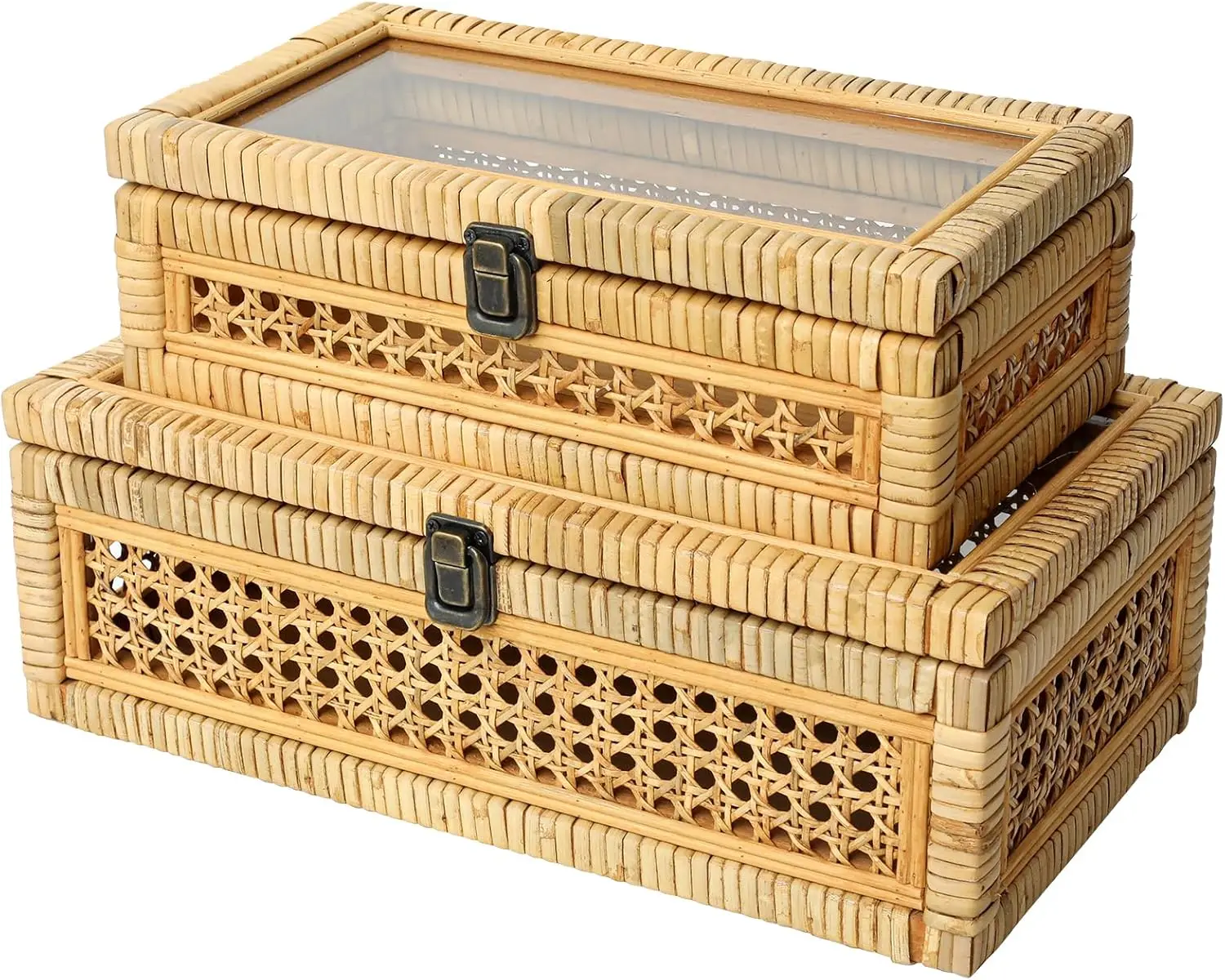 Rattan and Cane Stacking Boxes with Glass Top Lid - Set of 2 for Boho, and Rustic Farmhouse Decor 3