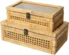 Rattan and Cane Stacking Boxes with Glass Top Lid - Set of 2 for Boho, and Rustic Farmhouse Decor 3