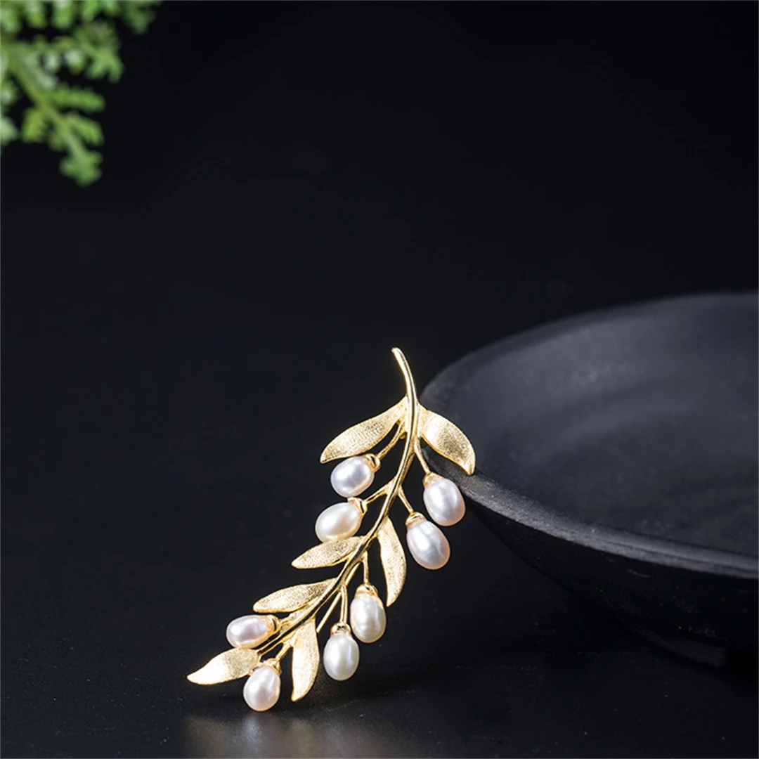 New 100% S925 Pure Silver Suit Exquisite Dress Jacket Freshwater pearl Women's Men Brooch olive Branch Accessories Jewelry 2