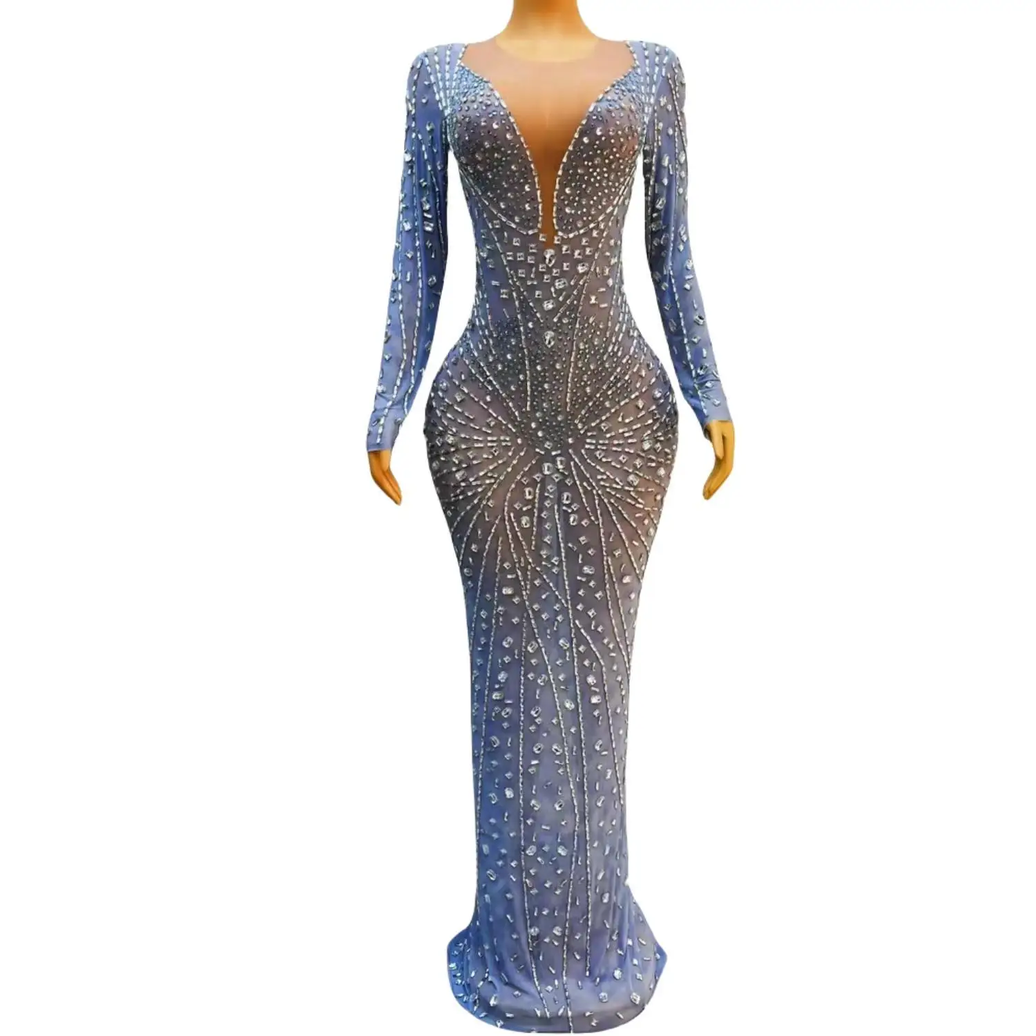 

Fashion Crystal Party Bodysuit Blue Dress Women Nude Rhinestone Dress Birthday Prom Feast Long Dress Banquet Evening Dress ﻿