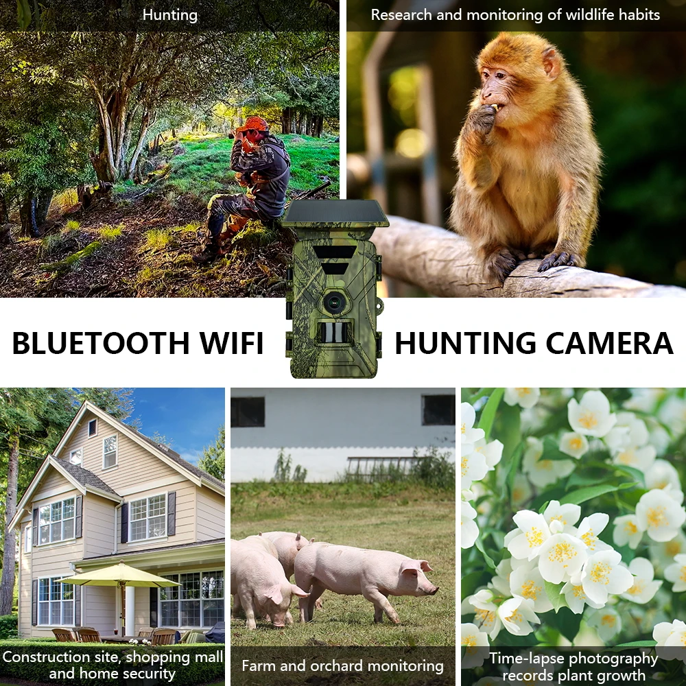 Solar Hunting Camera WiFi 8K 60MP Bluetooth Game Camera Motion Activated Night Vision 0.2s Trigger Time for Wildlife Monitoring