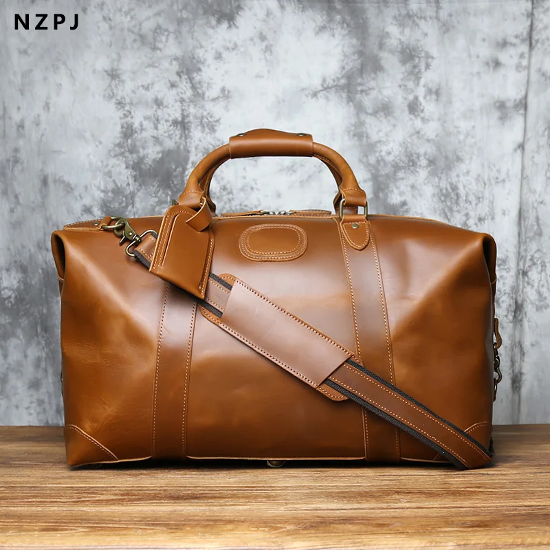 NZPJ Vintage Genuine Leather Men's Travel Bag, Large Capacity Luggage Bag, Crazy Horse Leather Handbag, Natural Cowhide Crossbod