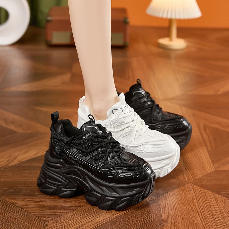 AUTUSPIN White Thick Bottom Women Shoes 2025 Spring Summer Breathable Mesh Splicing Leather Sneakers Female Outdoor INS Popular 5