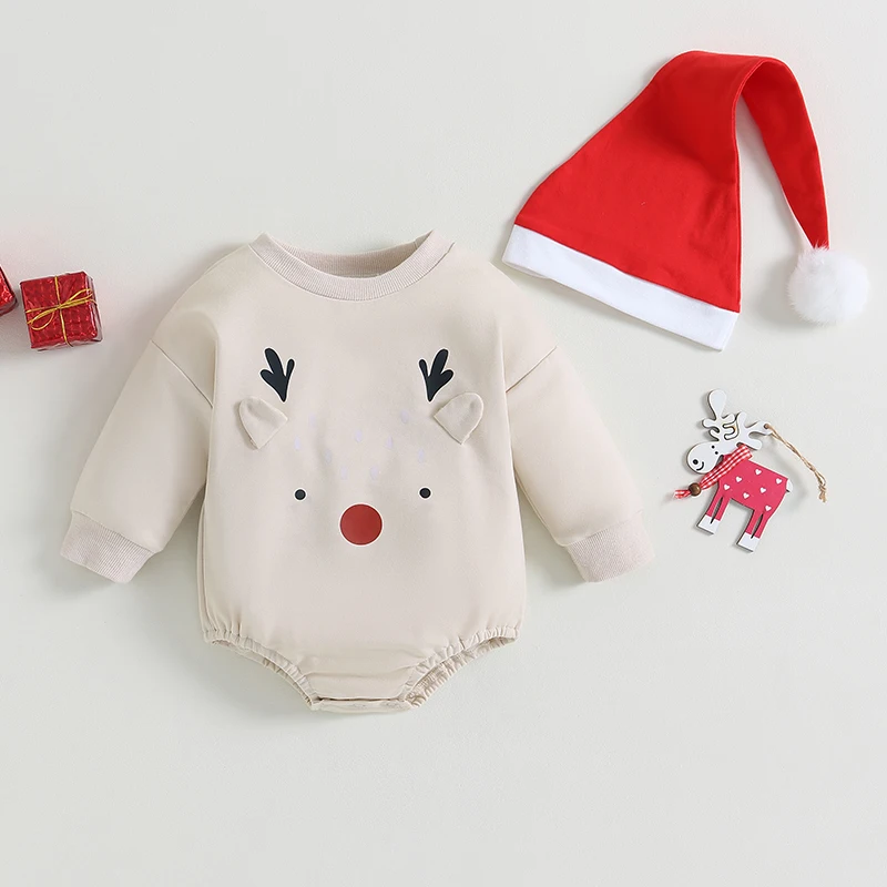 

0-18M Christmas Baby Romper Infant Boys Girls Fall Winter Long Sleeve Elk Print Sweatshirt Bodysuit With Hat 2pcs Clothes Sets