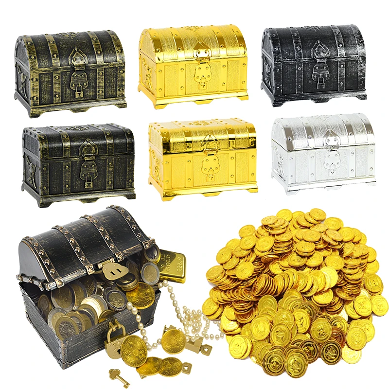 

Retro Treasure Box With Lock Toy Pirate Theme Pirate Treasure Box Storage Gold Coins Gems Jewelry Box Halloween Party Decoration