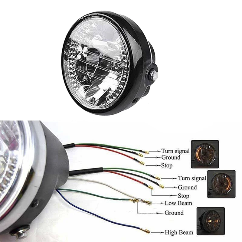 Phare Moto Rond Universel 7 Pouces Avec Clignotant Intégré - Noir Rétro - 12V 35W Halogène - Facile à Installer