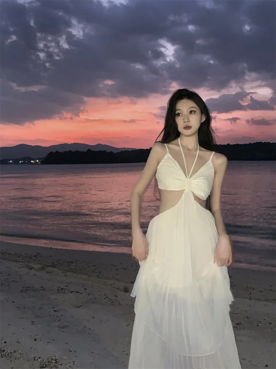 Summer New Fashion Sexy Pleated Holiday Beach Long Dresses for Women Vacation Spaghetti Strap A line Ladies Robe 2025 Sundress