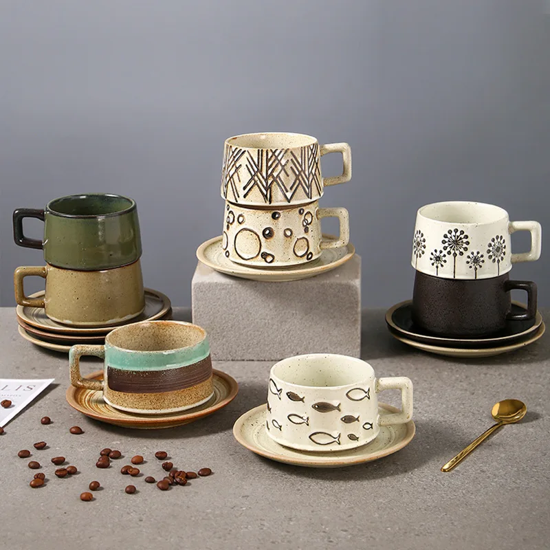 

Ceramic Coffee Cup Set Commercial Japanese-style High-grade Milk Tea Shop Mug Retro Coarse Pottery Cups and Saucers Wholesale.