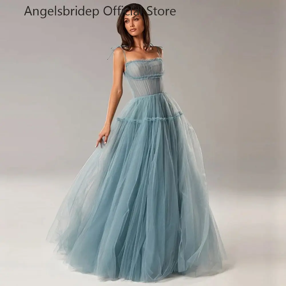 

Angelsbridep простые трапециевидные пыльно-синие тюлевые длинные платья для выпускного вечера на тонких бретельках без бретелек стандартные вечерние платья 2023