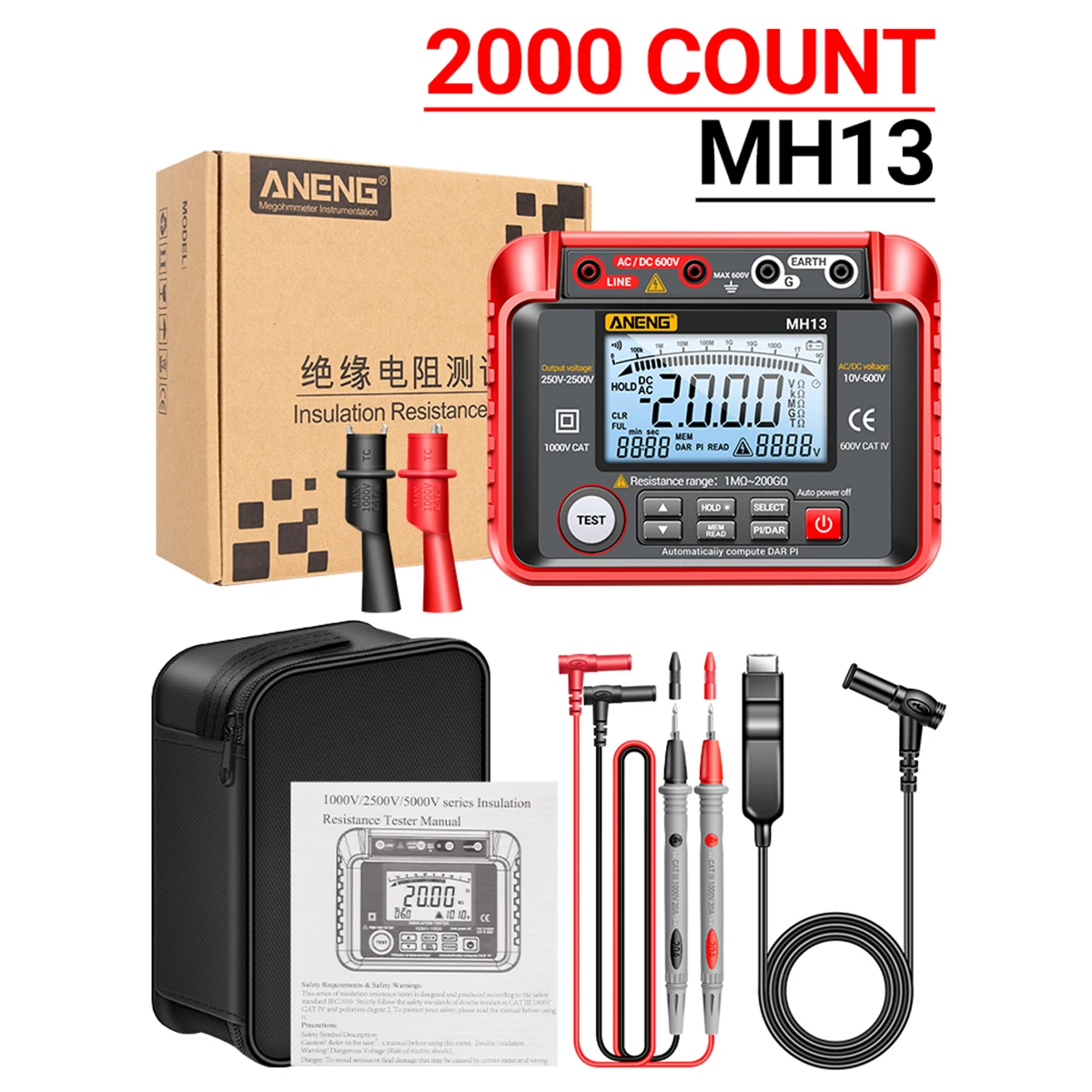 

ANENG MH13 250V-2500V Digital Insulation Resistance Tester 1MΩ-200GΩ Tester cable High Voltage Voltmeter Megger Meter